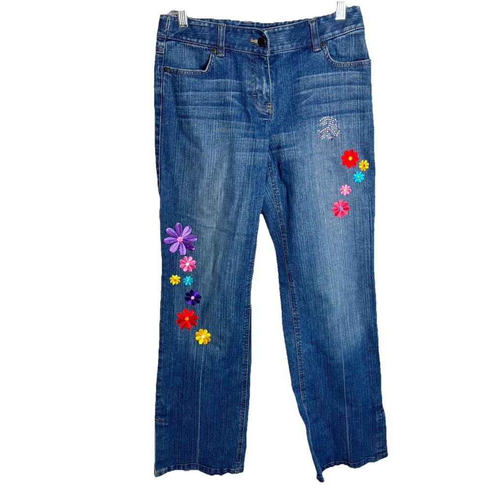 Loft Floral Embroidered Bootleg Jeans Womens Size 4 Raw Hem Hippie 70s 60s